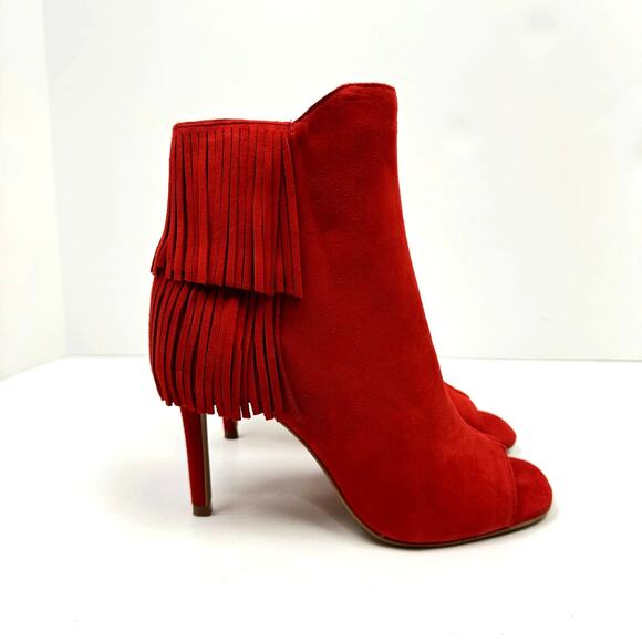 NEW Vince Camuto Amenala Bright Red Faux Suede Western Fringe Peep Toe Bootie - Picture 5 of 14